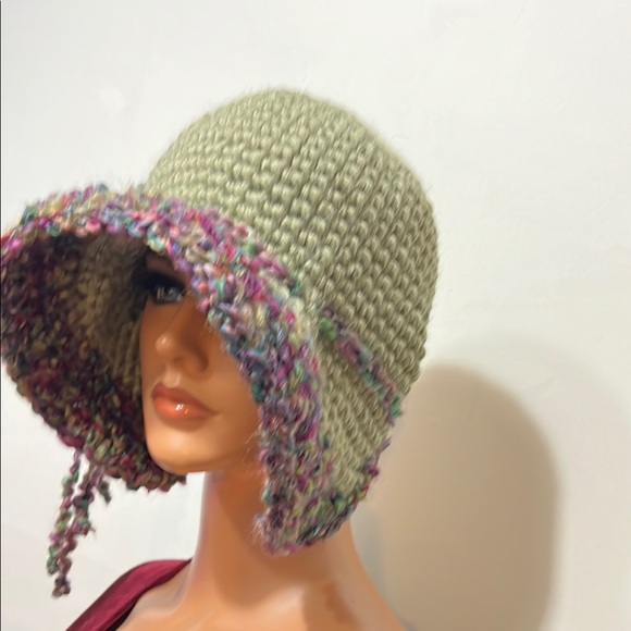 Handmade Sage Green Crocheted Cloche Hat with Multicolor Trim main image 14